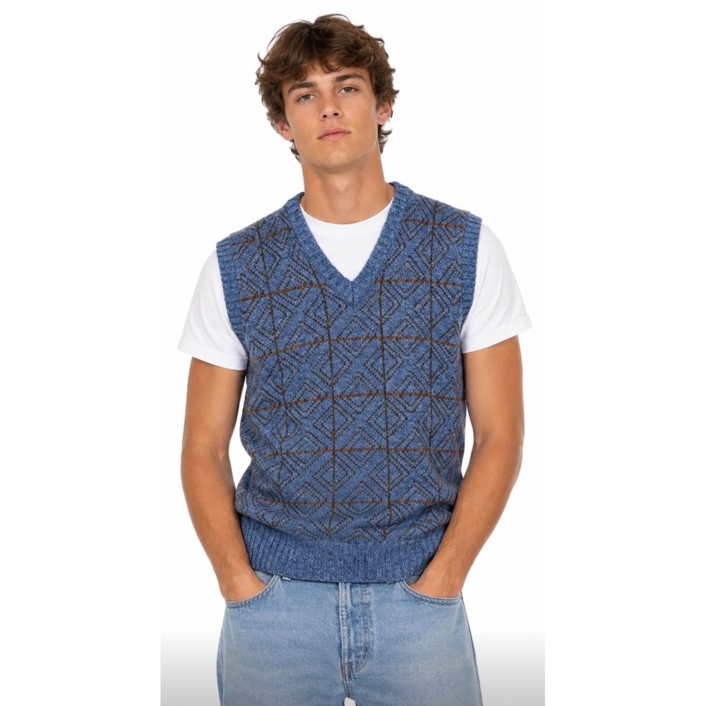 VTG Wool Blend Diamond V-Neck Sweater Vest Mens Size M Blue Preppy Collegiate